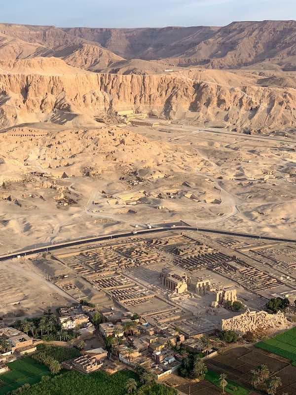 Aerial view over the West Bank of Luxor and the temple terraces